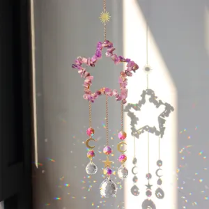 Close-up detail of handmade amethyst crystal chip star suncatcher hanging decor with prism.