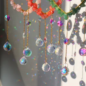 Handmade crystal suncatcher detail with sparkling prism balls and rainbow light reflections