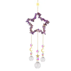 Crystal suncatcher wind chime featuring amethyst stone star and sparkling prism balls.