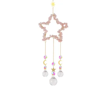 Handmade rose quartz crystal pentagram suncatcher detail, hanging crystal ball wind chime.