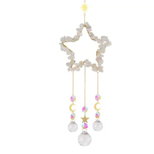 Natural crystal stone pentagram suncatcher wind chime hanging ornament for home decor