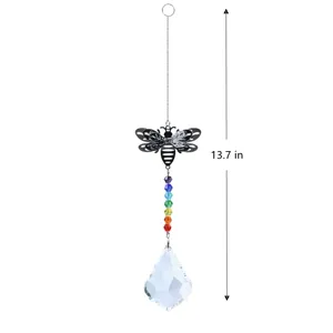 Crystal suncatcher hanging decoration with bee pendant rainbow beads and teardrop prism.