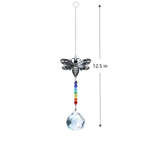 Detailed crystal suncatcher detail showing bee pendant and colorful rainbow beads, 12.5 inches.