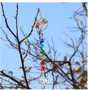 Tree of life crystal suncatcher detail, hanging window prism pendant with colorful chakra beads.