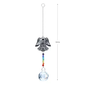 Close-up detail view of hanging crystal angel suncatcher pendant with vibrant rainbow beads.