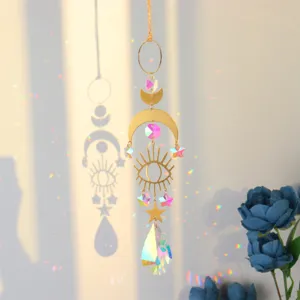 Exquisite hanging crystal suncatcher prism featuring moon, star and eye design for home decor.