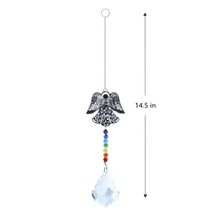 Crystal angel suncatcher pendant detail showing 14.5 inch length, colorful beads and metal chain.