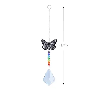 Crystal suncatcher hanging ornament with metal butterfly and rainbow beads 13.7 in