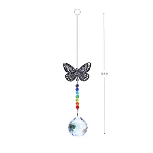 Crystal suncatcher hanging ornament with butterfly metal cutout and rainbow beads 12.5 inch