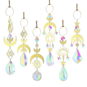 Crystal suncatcher hanging prism window decor with sun moon stars evil eye gold metal 6pcs