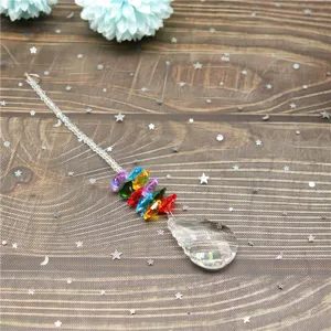 Crystal suncatcher detail shot, multi-color beads and clear teardrop prism hanging pendant.