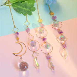 Crystal Suncatcher Hanging Wind Chime with Amethyst Prisms and Gold Geometric Chain for Garden