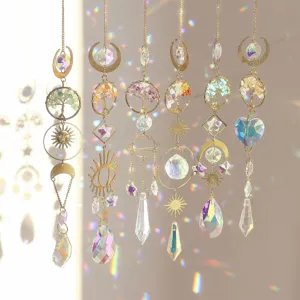 Crystal suncatcher hanging prism pendant with natural gemstone tree of life and golden moon.