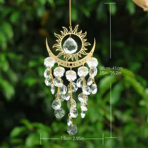 Crystal suncatcher hanging decor with sun and moon metal frame and prisms for window garden