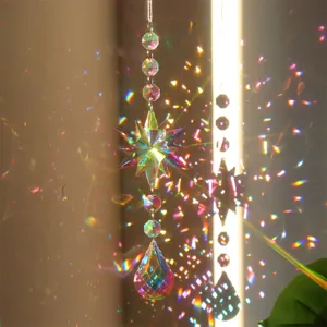 Crystal suncatcher prism hanging ornament, multi-faceted crystal star pendant for window decor.