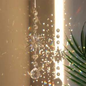 Crystal snowflake suncatcher pendant, multi-facet faceted glass hanging ornament for decor.