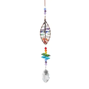 Tree of Life crystal suncatcher hanging ornament with colorful beads and clear prism pendant.