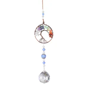 Crystal suncatcher pendant featuring a wire-wrapped tree of life design with rainbow crystals.