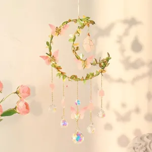 Pastoraal Kristal Maan Zonnevanger Hangend Ornament Met Gewikkelde Bladeren Vlinder Natuurlijke Rozenkwarts Bal Decor Voor Tuin Huis Ramen