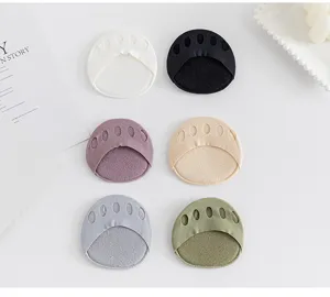 Detail view of ice silk forefoot pads, seamless half toe socks in six colors for high heels.