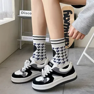 Women's Casual Cotton Crew Socks Trendy Checkerboard Houndstooth Cow Print Argyle Green Patterned Medium Tube Sports Socks