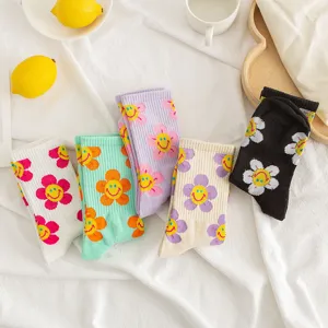 Women's Combed Cotton Mid-Tube Socks Cartoon Sunflower Smiley Face Jacquard Casual Breathable Crew Socks Multi Color Cotton Socks