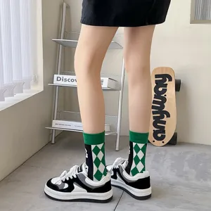 Green and black argyle mid-calf cotton socks for women, stylish casual daily wear comfortably.