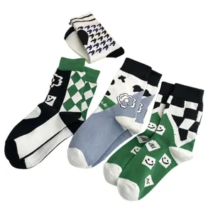 Trendy cotton mid-calf socks set featuring cute houndstooth, checkered, and cow print designs.