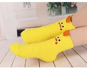 Women cute yellow chick plush floor socks, soft coral fleece winter warm sleeping socks for home indoor wear.