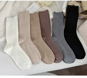 Solid color ribbed mid-calf winter socks, cozy thermal thick fleece knit socks for women.