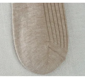 Close-up detail view of women winter warm cashmere ribbed knit solid color cozy socks