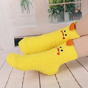 Cute yellow duck fuzzy warm sleeping socks for women winter coral fleece cozy floor socks