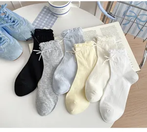 Summer sweet cute women crew socks with lace ruffles and delicate bows breathable mesh.