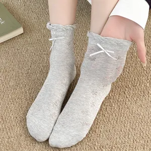 Cute Japanese style women grey mesh breathable short socks with sweet lace bow summer wear
