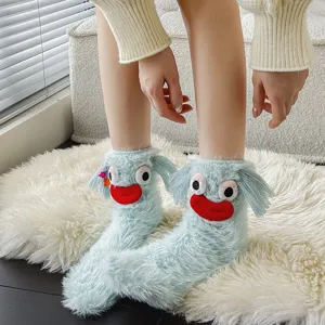Fluffy cute plush monster socks for women, winter warm cozy funny big eye floor socks.