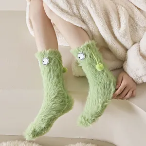 Cute big eye fluffy winter socks for women warm cozy coral fleece funny sleep floor socks