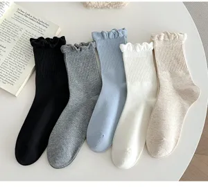 Women cotton ruffle mid-calf socks set, casual sweet style daily wear matching shoes.