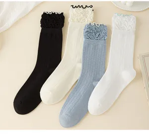 Süße Damen Baumwolle Rüschen WadenSocken, warme Herbst Winter Lolita Strickstrümpfe.