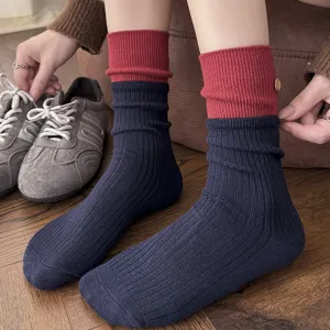 Chaussettes femme rayées colorblock automne hiver avec bouton chaud tricoté style slouch