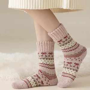 Calze invernali in lana spessa calda da donna stile etnico retrò fiocco termiche