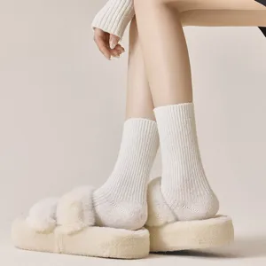 Women's winter thick wool warm mid-calf socks with cozy fuzzy slippers, soft and cozy.