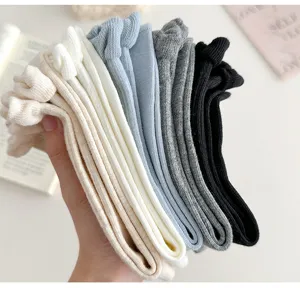Women cotton mid-calf socks with cute ruffles, autumn winter casual breathable solid socks
