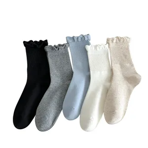 Women cotton ruffle mid tube socks 5 pairs set main view displayed neatly white background