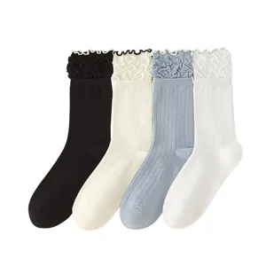 Damen Baumwolle Wadenstrümpfe süße Rüschen Bündchen Socken Set 4 Paar für den Alltag