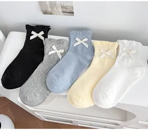 Calcetines de algodón con lazo para mujer, calcetines cortos con volantes, transpirables.
