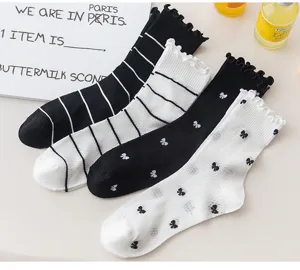 Calcetines de media pantorrilla con volantes para mujer malla lazo bonito y rayas
