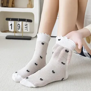 Calcetines de Tubo Medio de Algodón Casual para Mujer con Lazo y Rayas Borde de Volantes
