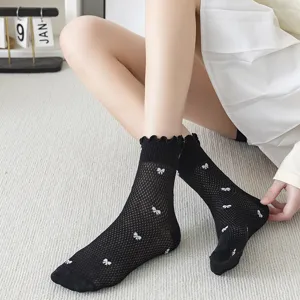 Calcetines de tubo de malla negra para mujer, calcetines de verano transpirables con lazo.