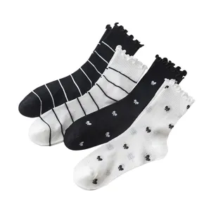 Calcetines de media pantorrilla para mujer con lazos bonitos y rayas, malla transpirable.