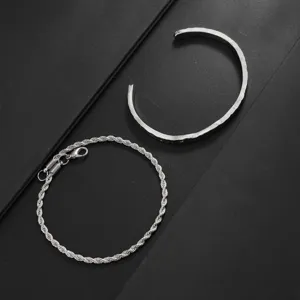 Men's silver open cuff and rope chain bracelet two-piece set, minimalist fashion jewelry.